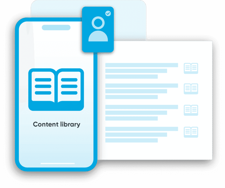 Blue-framed graphic with the words Content library.